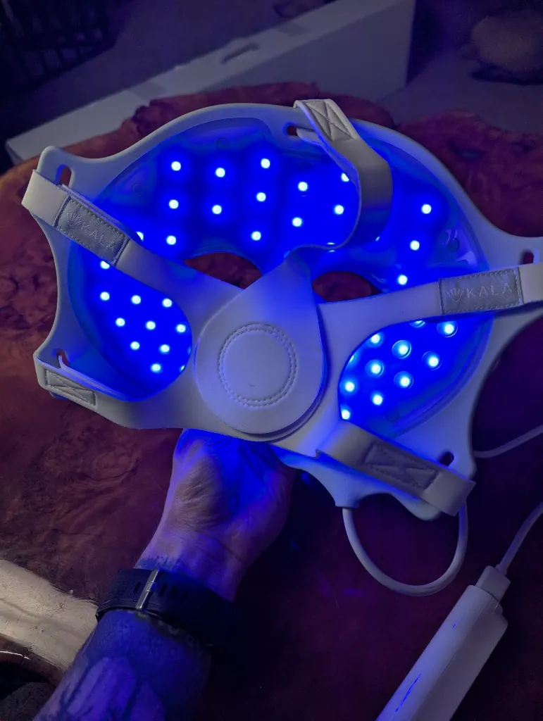 Inside view of Kala Glow mask showing 66 high-output LED clusters and multi-point ergonomic harness