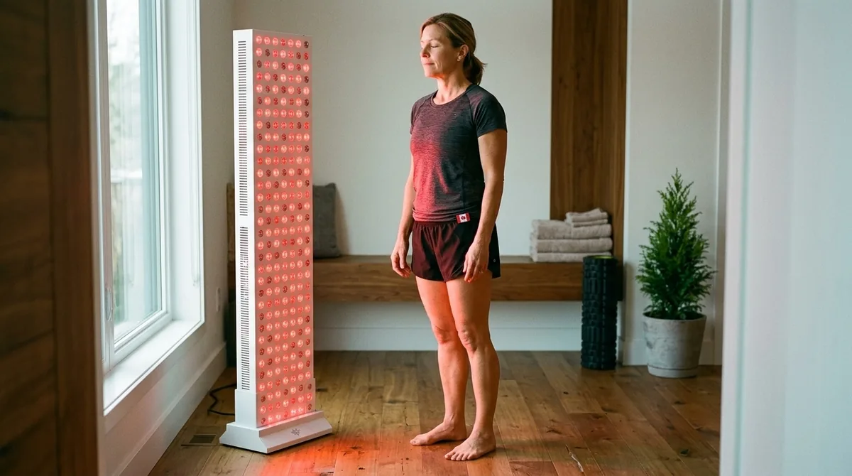 Infraredi Pro Max 2.0 daily treatment setup demonstrating half-body coverage and distance posture in Canadian home