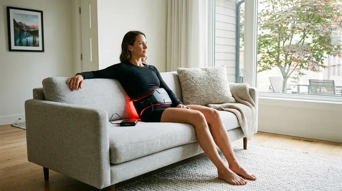 Kala Restore Red Light Wrap secured on lower back during in-home recovery session in Canada